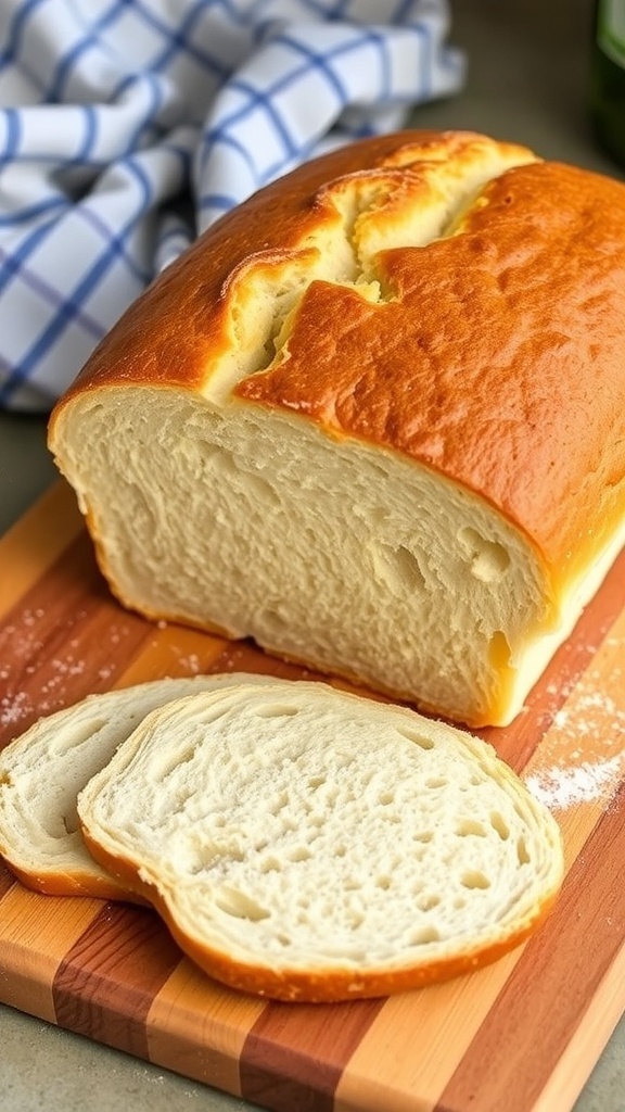 Homemade No-Knead Bread Recipe A freshly baked no-knead bread loaf with a crusty exterior and soft interior, displayed on a wooden board.